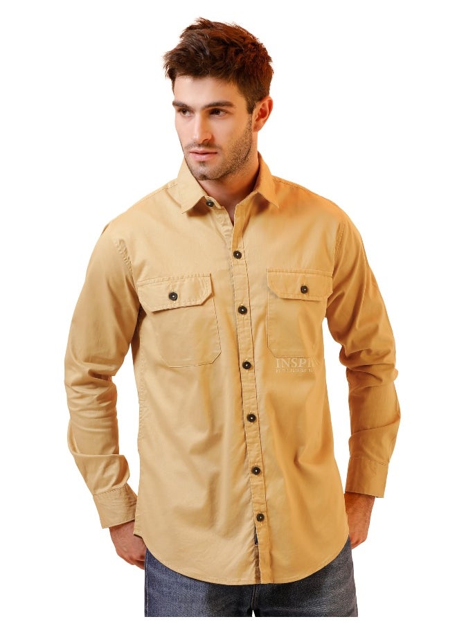 Beyoung Pale Yellow Cotton Lycra Urban Shirt for Men  - Image 1