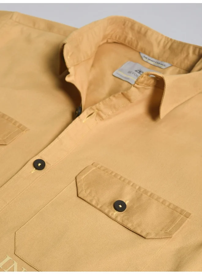 بيونغ Pale Yellow Cotton Lycra Urban Shirt for Men