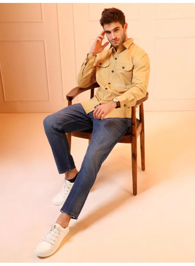 بيونغ Pale Yellow Cotton Lycra Urban Shirt for Men