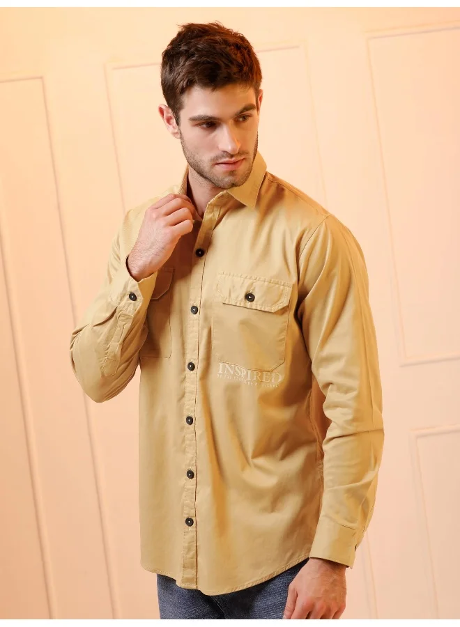 بيونغ Pale Yellow Cotton Lycra Urban Shirt for Men