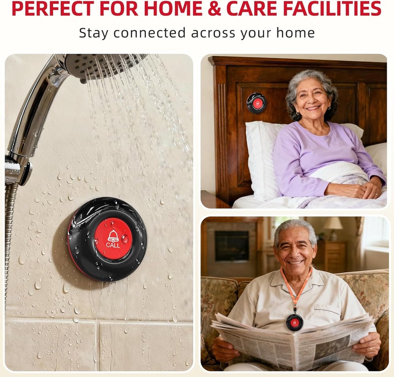 CallToU Wireless Caregiver Call Button Elderly Monitoring Alert Systems for Seniors 1 Plugin Receiver 2 Waterproof Transmitters - Image 4