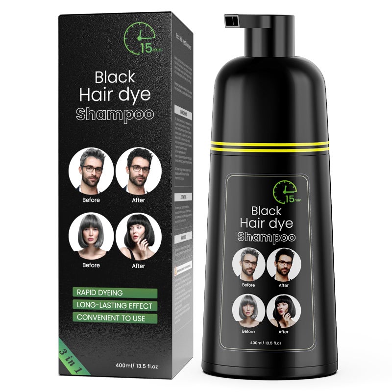 COSMTEK Black Hair Dye Shampoo, Semi-Permanent Hair Color Shampoo for Women and Men, Herbal Ingredients and No Ammonia, 3 in 1-100% Grey Coverage 400ml/ 13.5 fl.oz - Image 1