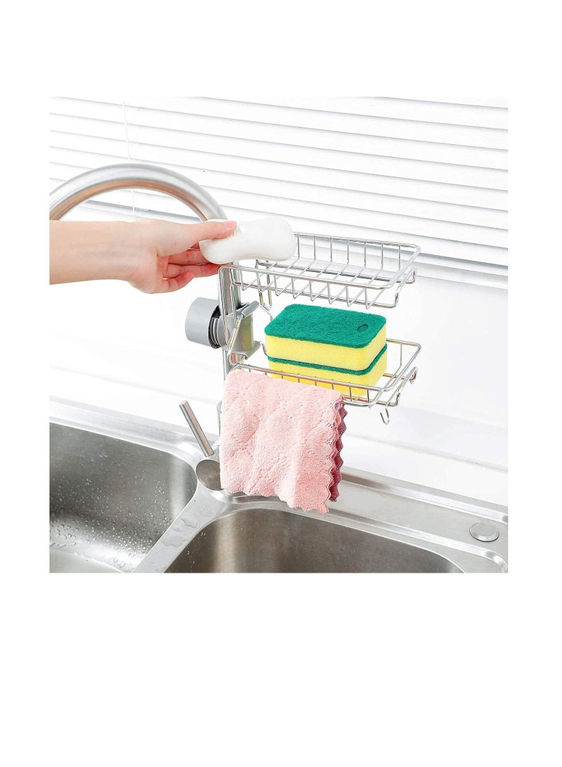 SYOSI Storage Rack Sponge Holder, Small Sink Caddy Organizer for Kitchen Bathroom Accessories, Stainless Steel Hanging Storage Rack, Soap Dish Brush Dishcloth Drainer Rack - Image 1