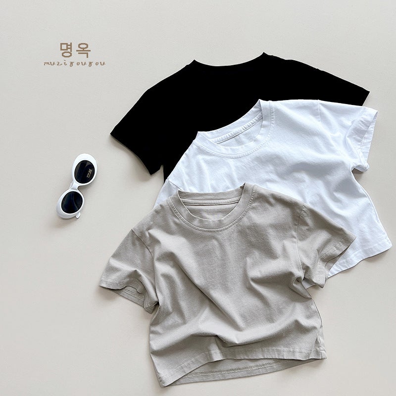 Basic Black And White Gray ~ Children'S Short Sleeve T-Shirt Summer Boys And Girls All-Match Korean Casual Loose Top Baby Children'S Clothing - Image 2