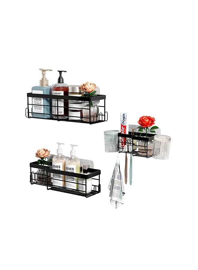 Raxoom Caddy Shelf 3 Pack, YP Self Adhesive Shower Shelves for Inside Shower, Black Rustproof Nano-Finish No Drilling Shower Storage Organization with 17 Hooks for Bathroom - Image 2