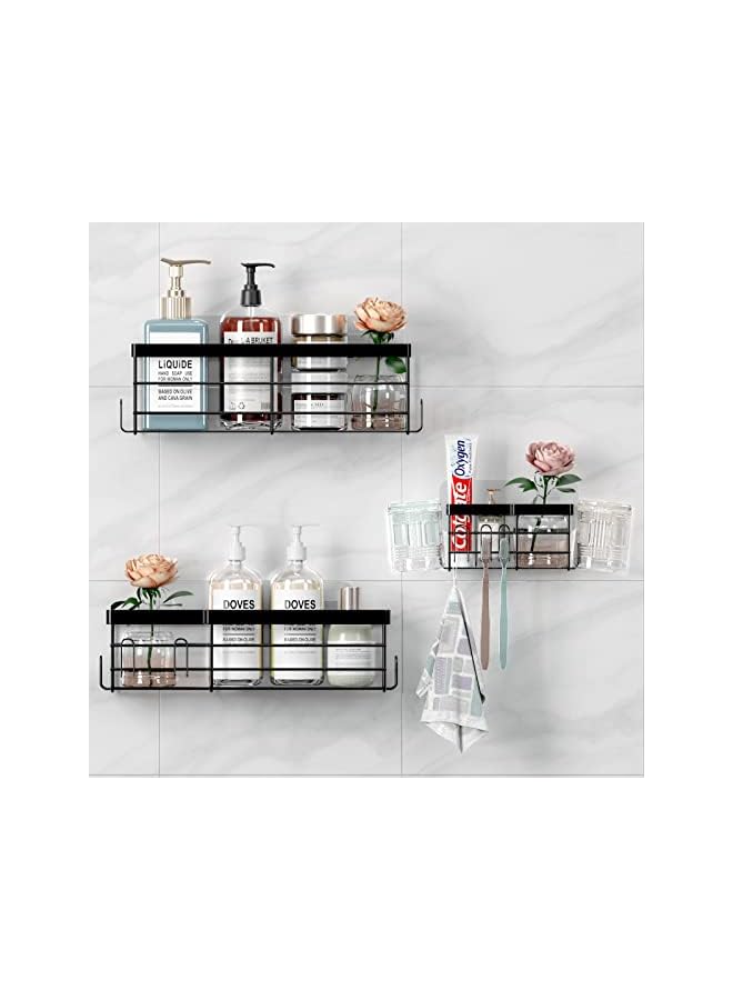 Raxoom Caddy Shelf 3 Pack, YP Self Adhesive Shower Shelves for Inside Shower, Black Rustproof Nano-Finish No Drilling Shower Storage Organization with 17 Hooks for Bathroom - Image 3