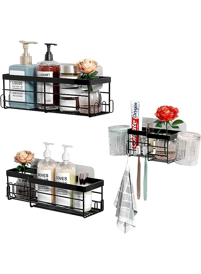 Raxoom Caddy Shelf 3 Pack, YP Self Adhesive Shower Shelves for Inside Shower, Black Rustproof Nano-Finish No Drilling Shower Storage Organization with 17 Hooks for Bathroom - Image 1