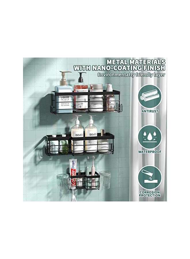 Raxoom Caddy Shelf 3 Pack, YP Self Adhesive Shower Shelves for Inside Shower, Black Rustproof Nano-Finish No Drilling Shower Storage Organization with 17 Hooks for Bathroom - Image 5