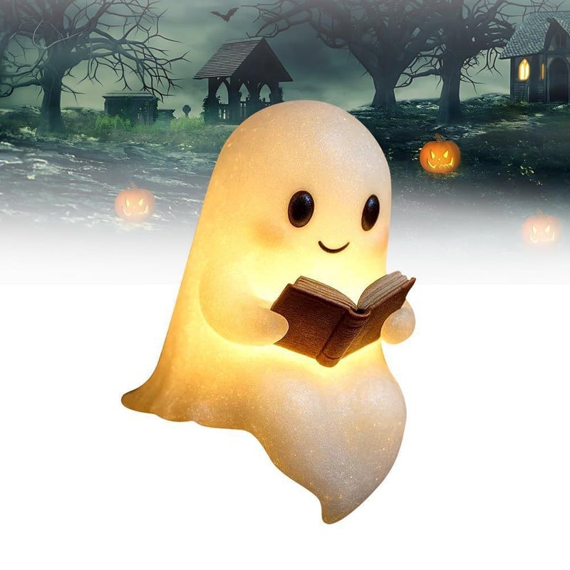 Halloween Resin Cartoon Figurines with Ghost Reading Light, Witch and Character Designs