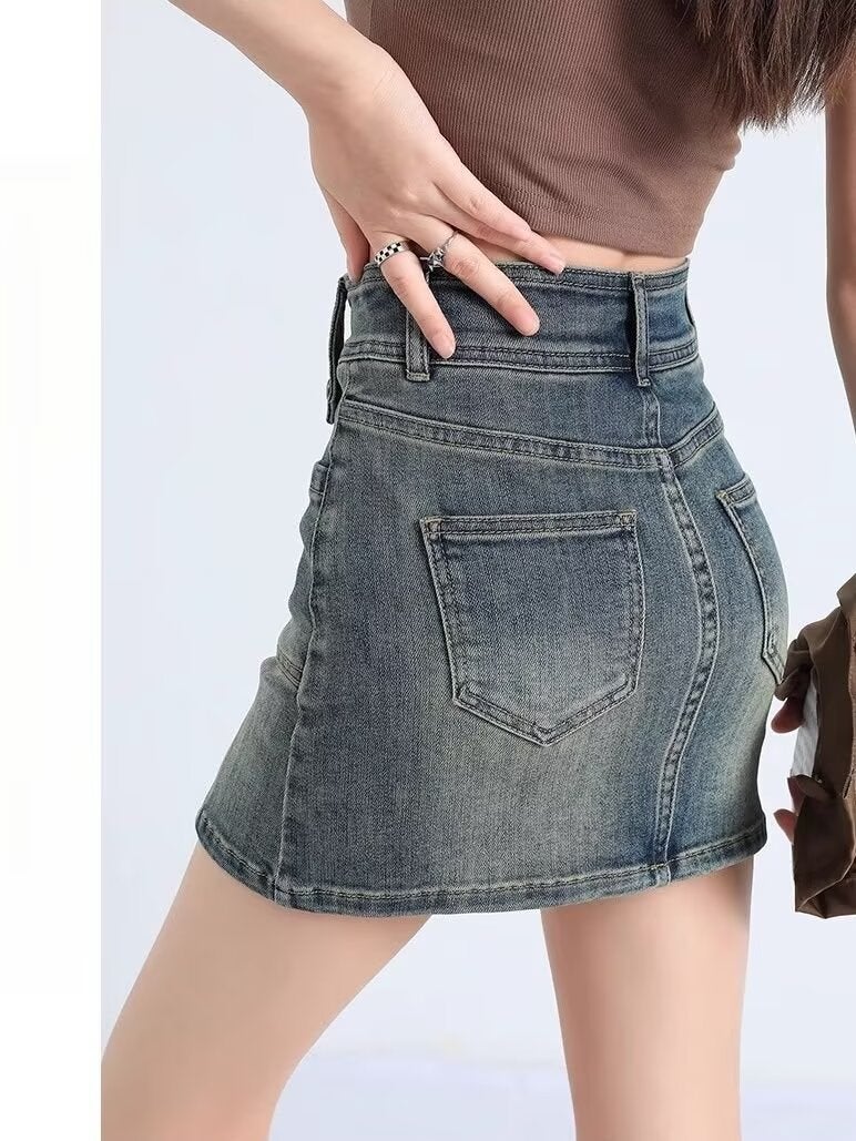 تنورة جينز أمريكية ريترو للنساء صيفية مضادة للضوء سبايس جيرل عالية الخصر نصف طول - Image 5