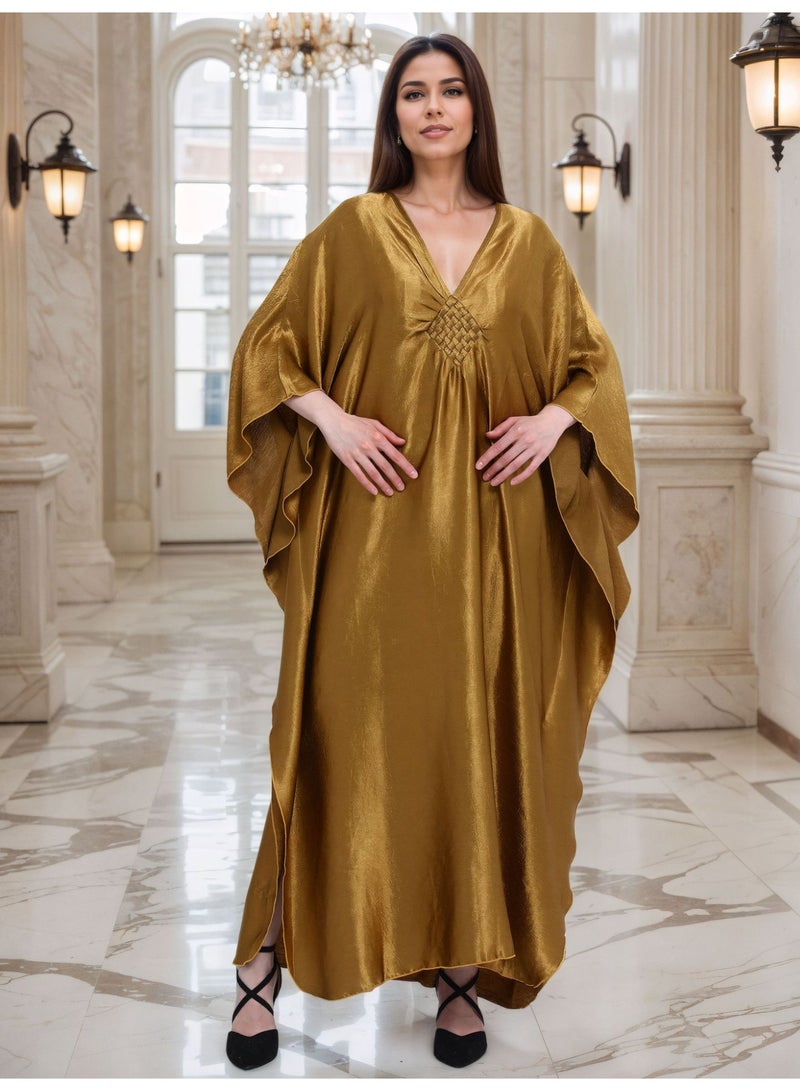 سيستار قفطان ذهبي فاخر للشاطئ بمقاسات كبيرة، رداء عطلات مضفر على الصدر، فضفاض - Image 5