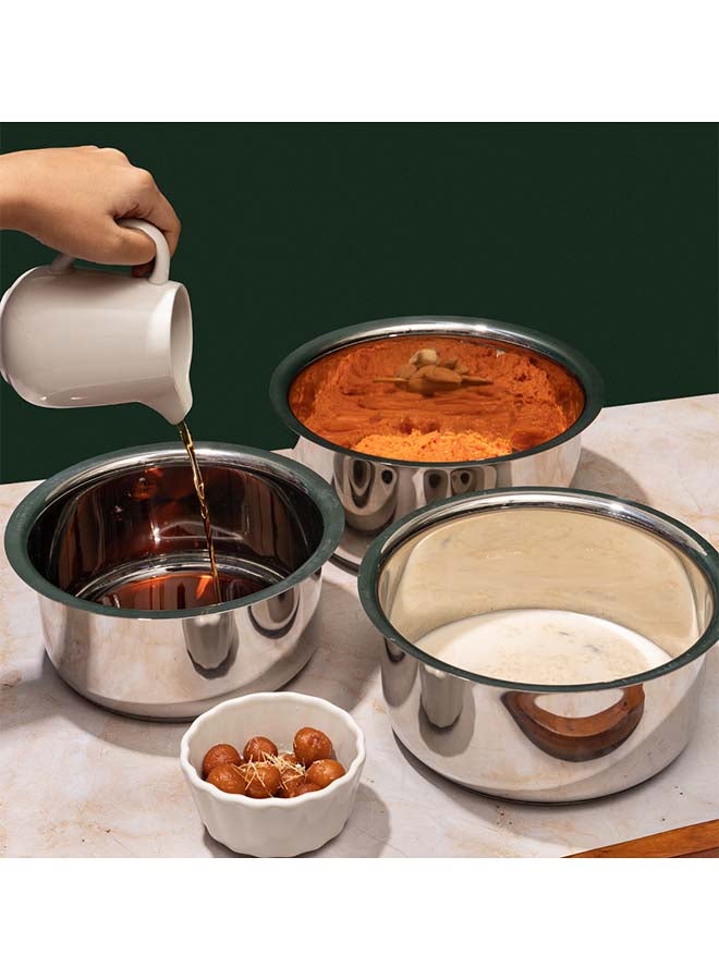 Vinod Stainless Steel Capsule Bottom Tope / Patila Combo Set of 3 pcs - 2.7 L (14cm Diameter), 3.4 L (15cm Diameter) and 4 L (16cm Diameter) - Silver - Image 3