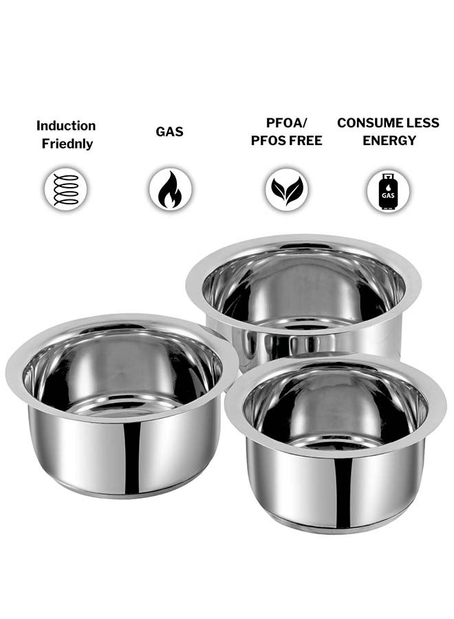 Vinod Stainless Steel Capsule Bottom Tope / Patila Combo Set of 3 pcs - 2.7 L (14cm Diameter), 3.4 L (15cm Diameter) and 4 L (16cm Diameter) - Silver - Image 4