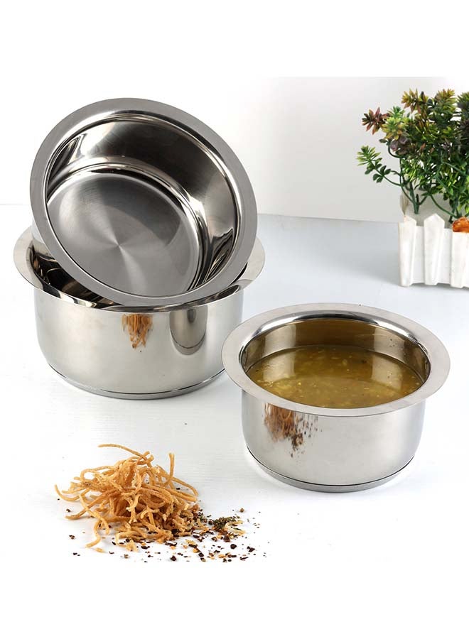 Vinod Stainless Steel Capsule Bottom Tope / Patila Combo Set of 3 pcs - 2.7 L (14cm Diameter), 3.4 L (15cm Diameter) and 4 L (16cm Diameter) - Silver - Image 2