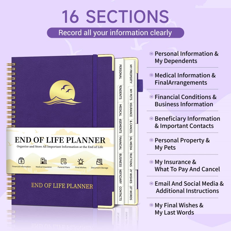 Homlive End of Life Planner, Estate Planning Organizer with Tabs for Senior, Spiral Funeral Planning Book with Large Font, Gold Corner Guards & Inner Pocket for Will Preparation, 7.36" x 10.4", Purple - Image 3