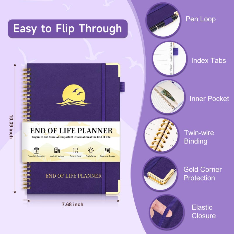 Homlive End of Life Planner, Estate Planning Organizer with Tabs for Senior, Spiral Funeral Planning Book with Large Font, Gold Corner Guards & Inner Pocket for Will Preparation, 7.36" x 10.4", Purple - Image 2