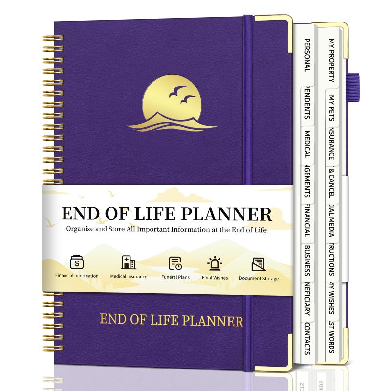 Homlive End of Life Planner, Estate Planning Organizer with Tabs for Senior, Spiral Funeral Planning Book with Large Font, Gold Corner Guards & Inner Pocket for Will Preparation, 7.36" x 10.4", Purple - Image 1
