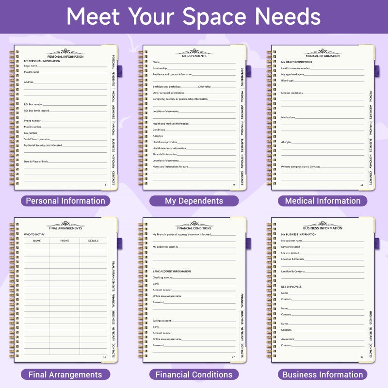 Homlive End of Life Planner, Estate Planning Organizer with Tabs for Senior, Spiral Funeral Planning Book with Large Font, Gold Corner Guards & Inner Pocket for Will Preparation, 7.36" x 10.4", Purple - Image 4