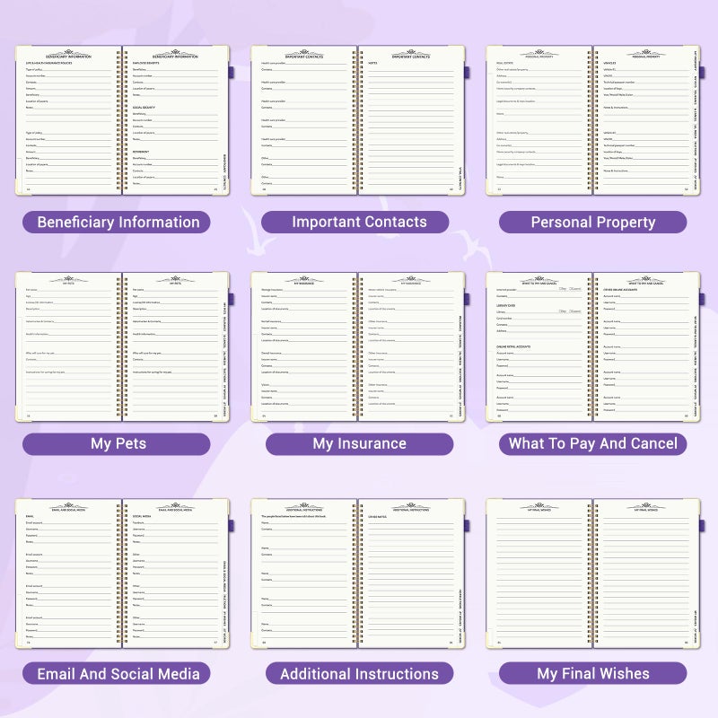 Homlive End of Life Planner, Estate Planning Organizer with Tabs for Senior, Spiral Funeral Planning Book with Large Font, Gold Corner Guards & Inner Pocket for Will Preparation, 7.36" x 10.4", Purple - Image 5