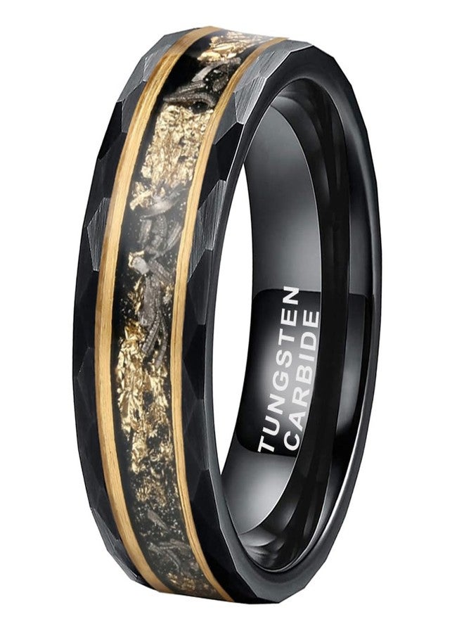 TUTISS 8mm Black Hammered Tungsten Rings for Men Women Engagement Wedding Bands Genuine Meteorite Shavings Gold Foil Inlay Matte Finish Comfort Fit Size 9 - Image 2