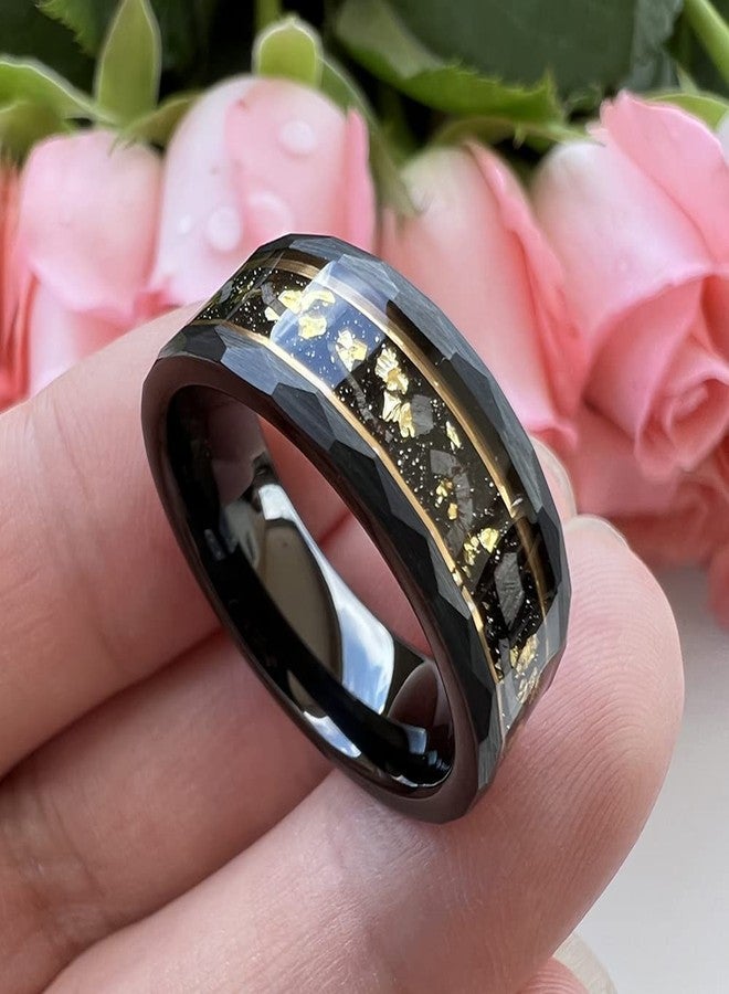 TUTISS 8mm Black Hammered Tungsten Rings for Men Women Engagement Wedding Bands Genuine Meteorite Shavings Gold Foil Inlay Matte Finish Comfort Fit Size 9 - Image 3