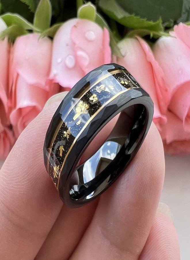 TUTISS 8mm Black Hammered Tungsten Rings for Men Women Engagement Wedding Bands Genuine Meteorite Shavings Gold Foil Inlay Matte Finish Comfort Fit Size 9 - Image 5