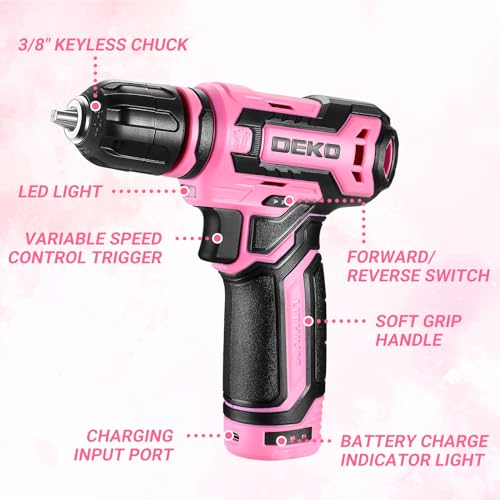 DEKOPRO Cordless Drill：DEKOPRO 12V Power Drill Set with Pink 800RPM Electric Drills with Tool Set Gift Box, Pink Drill Set for Women - Image 2