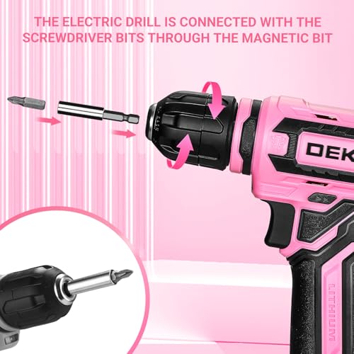 DEKOPRO Cordless Drill：DEKOPRO 12V Power Drill Set with Pink 800RPM Electric Drills with Tool Set Gift Box, Pink Drill Set for Women - Image 5