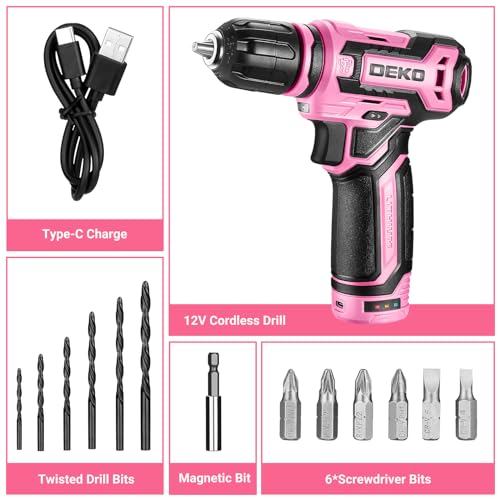 DEKOPRO Cordless Drill：DEKOPRO 12V Power Drill Set with Pink 800RPM Electric Drills with Tool Set Gift Box, Pink Drill Set for Women - Image 3