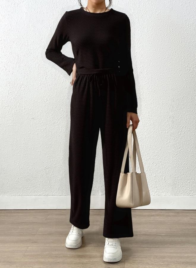 Take Two Textured Fitted Top and Wide Leg Pants Co-Ords - Image 3