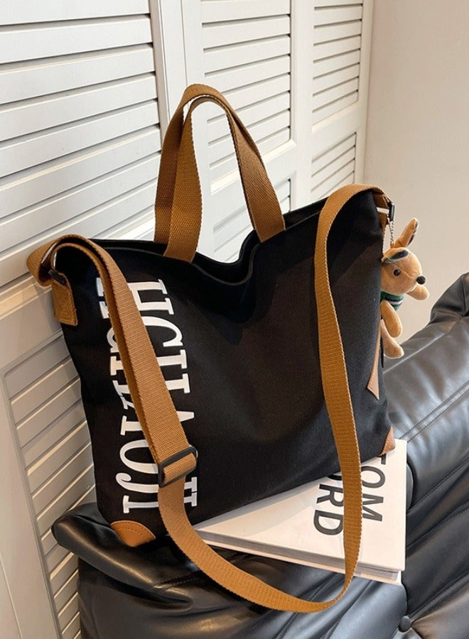 Canvas Tote Bag Large Capacity Single Shoulder Cross-Body Multi-Layer Fashion Handbag For Women Black  - Image 4