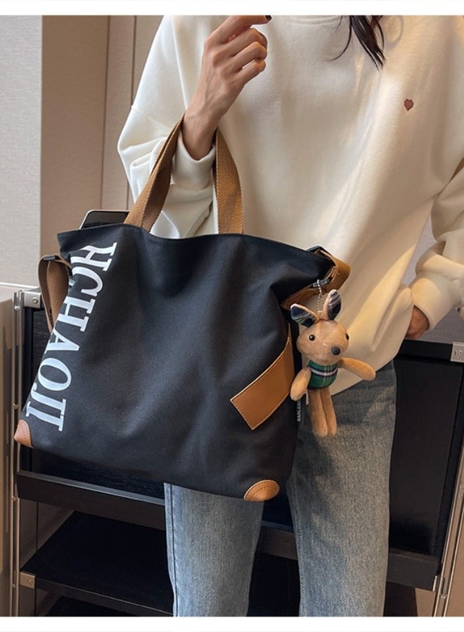 Canvas Tote Bag Large Capacity Single Shoulder Cross-Body Multi-Layer Fashion Handbag For Women Black  - Image 2