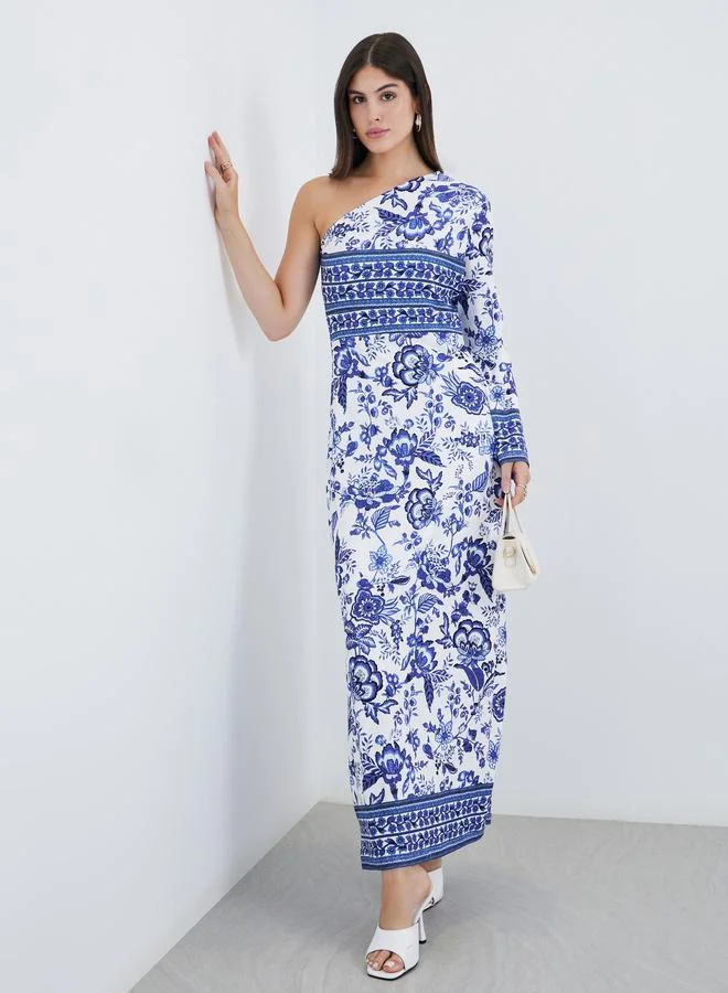 Styli Styli All-Over Print One Shoulder Sheath Maxi Dress