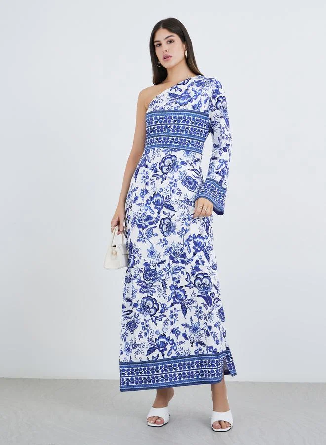 Styli Styli All-Over Print One Shoulder Sheath Maxi Dress