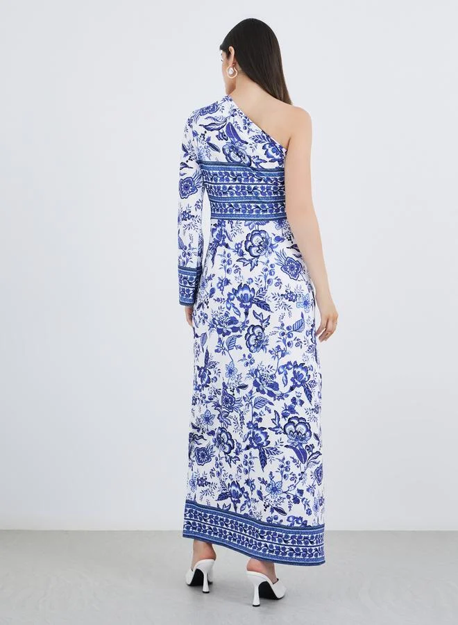 Styli Styli All-Over Print One Shoulder Sheath Maxi Dress