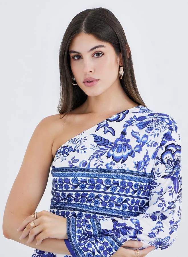 Styli Styli All-Over Print One Shoulder Sheath Maxi Dress
