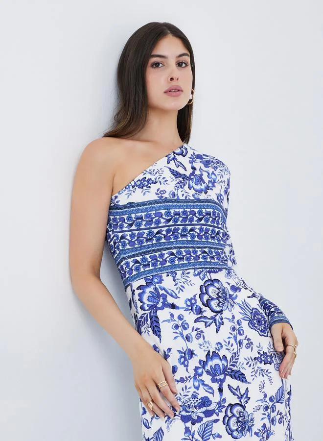 Styli Styli All-Over Print One Shoulder Sheath Maxi Dress