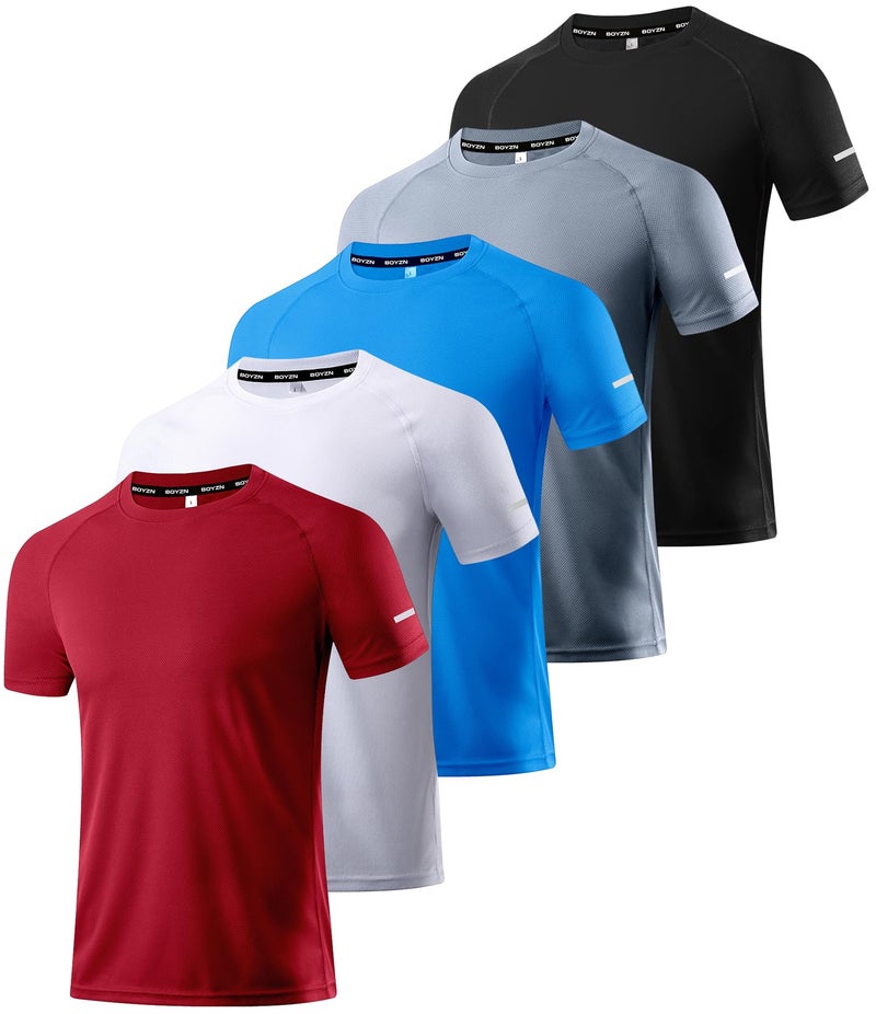 Boyzn 5 Pack Workout Shirts for Men - Activewear Tops Gym Shirts Dry Fit Mesh Moisture Wicking Running Fitness Short Sleeve Crewneck Sports Athletic T-Shirts 5P01-L - Image 1