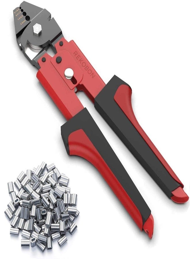 REKOBON Wire Rope Crimping Tool, Up To 2.2mm Swager Crimper Fishing Wire Crimping Tool with 100 PCS Aluminum Double Barrel Ferrule Crimping Loop Sleeves Kit with Cutting Function for Cable - Image 1