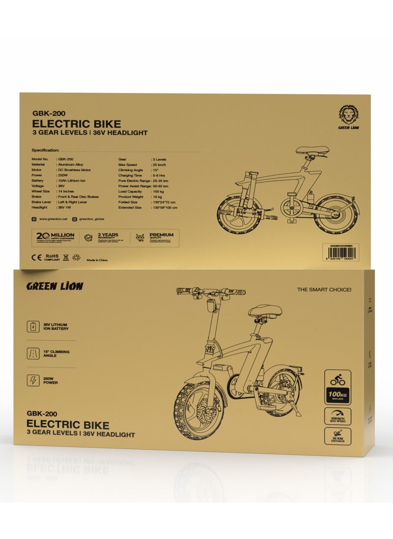 GREEN LION - Electric Bike GBK-200 250W with 3 Gear Levels and 36V Headlight / Front & Rear Disc Brakes / 100kg Load / 25 km/h Speed / Safe and Reliable Electric Bicycle - Black - Image 1