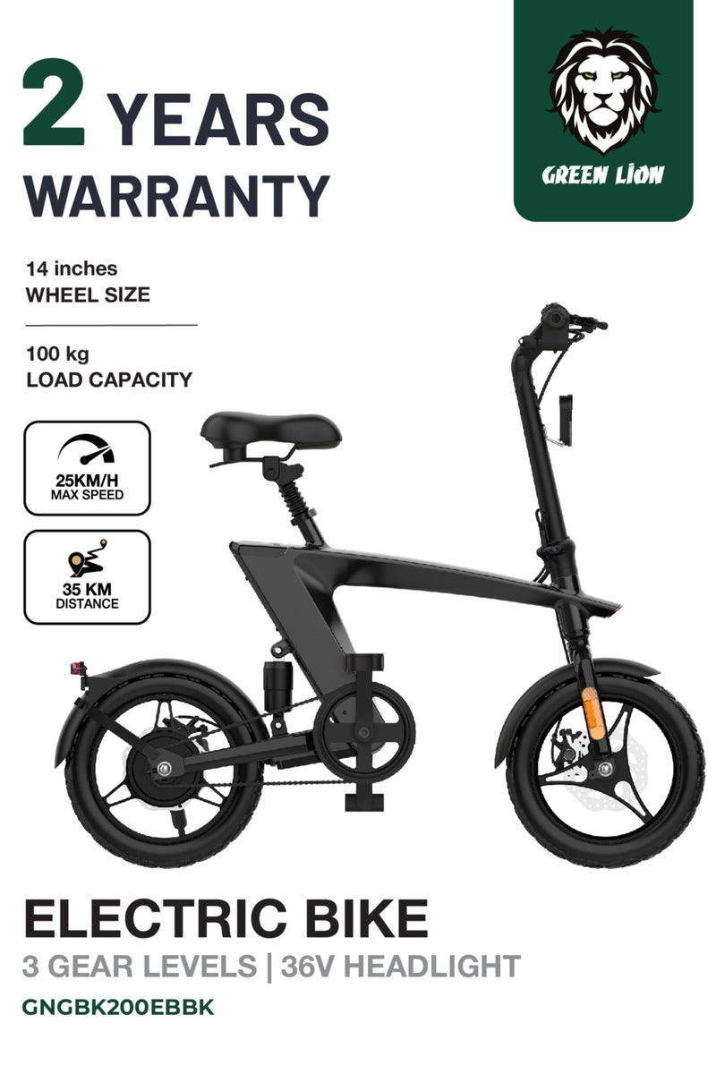 GREEN LION Electric Bike GBK-200 250W with 3 Gear Levels and 36V Headlight / Front & Rear Disc Brakes / 100kg Load / 25 km/h Speed / Safe and Reliable Electric Bicycle - Black - Image 1