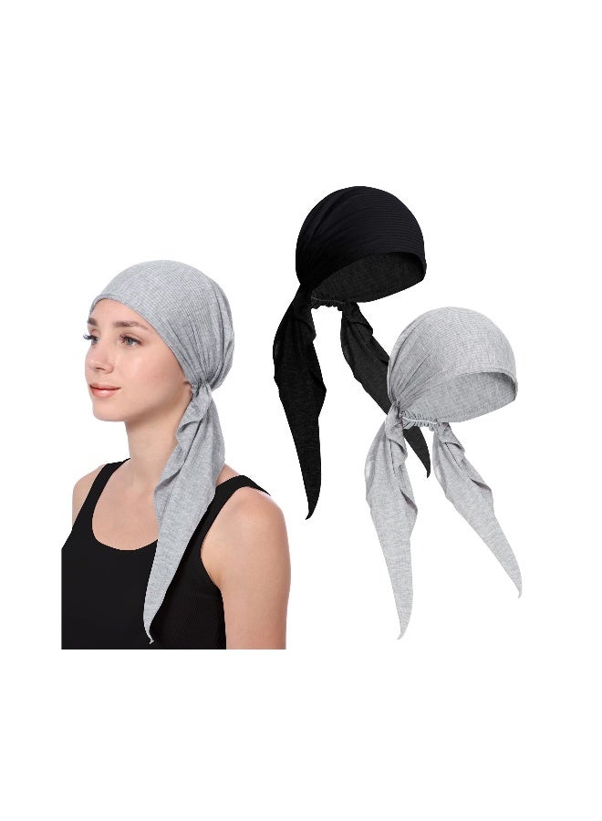 2Pcs Chemo Headwear Pre Tied Curved Hood Head Scarf with Two Tails Headwraps Lightweight Turban Beanie Cap for Women  - Image 1