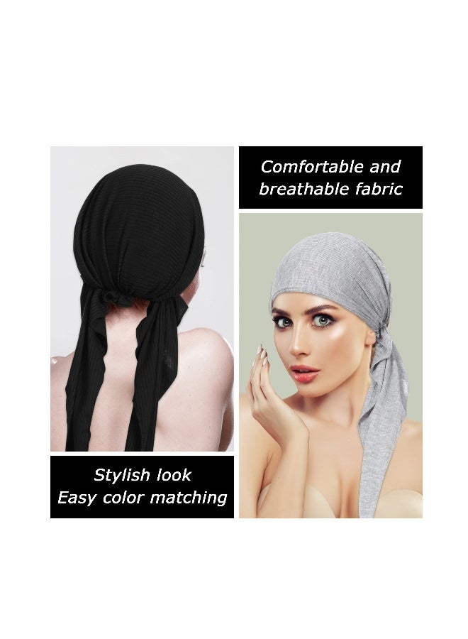 2Pcs Chemo Headwear Pre Tied Curved Hood Head Scarf with Two Tails Headwraps Lightweight Turban Beanie Cap for Women  - Image 4