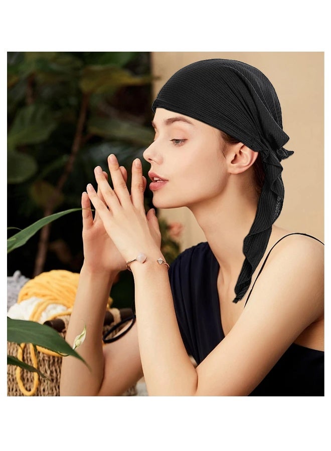 2Pcs Chemo Headwear Pre Tied Curved Hood Head Scarf with Two Tails Headwraps Lightweight Turban Beanie Cap for Women  - Image 3