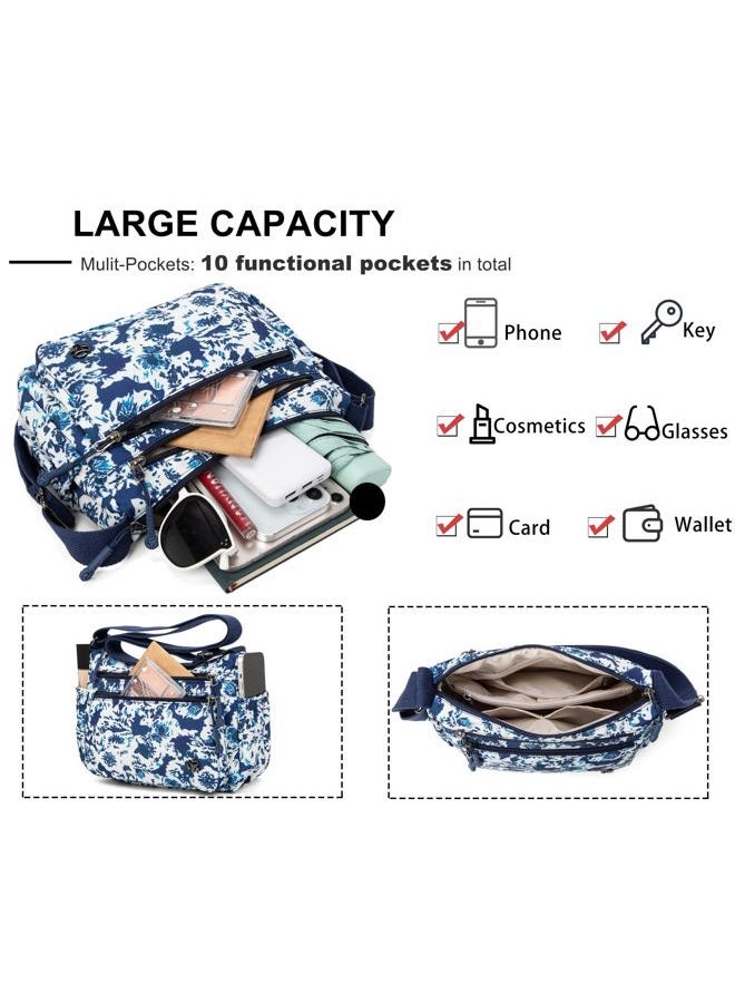 Wytidian Crossbody Bags for Women Waterproof Nylon Shoulder Bag Roomy Multiple Pockets Messenger Purses Handbags, Cyan-floral 03 - Image 5