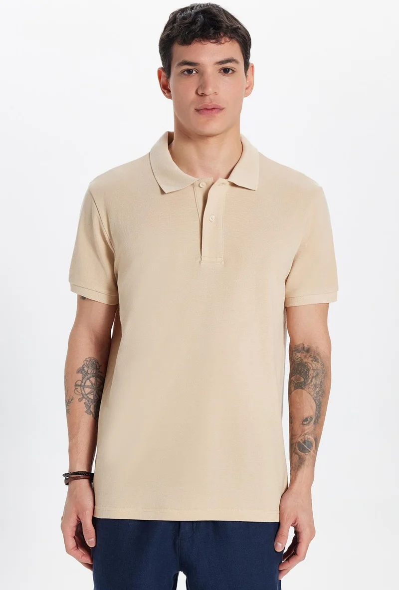 Tudors Men's Slim Fit Slim Fit Cotton Beige Polo Neck T-Shirt