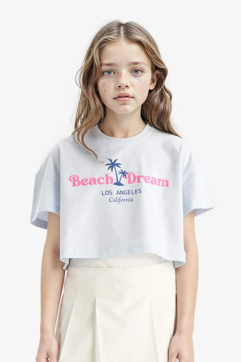 ديفاكتو Girl Crew Neck Printed Short Sleeve Crop T-Shirt
