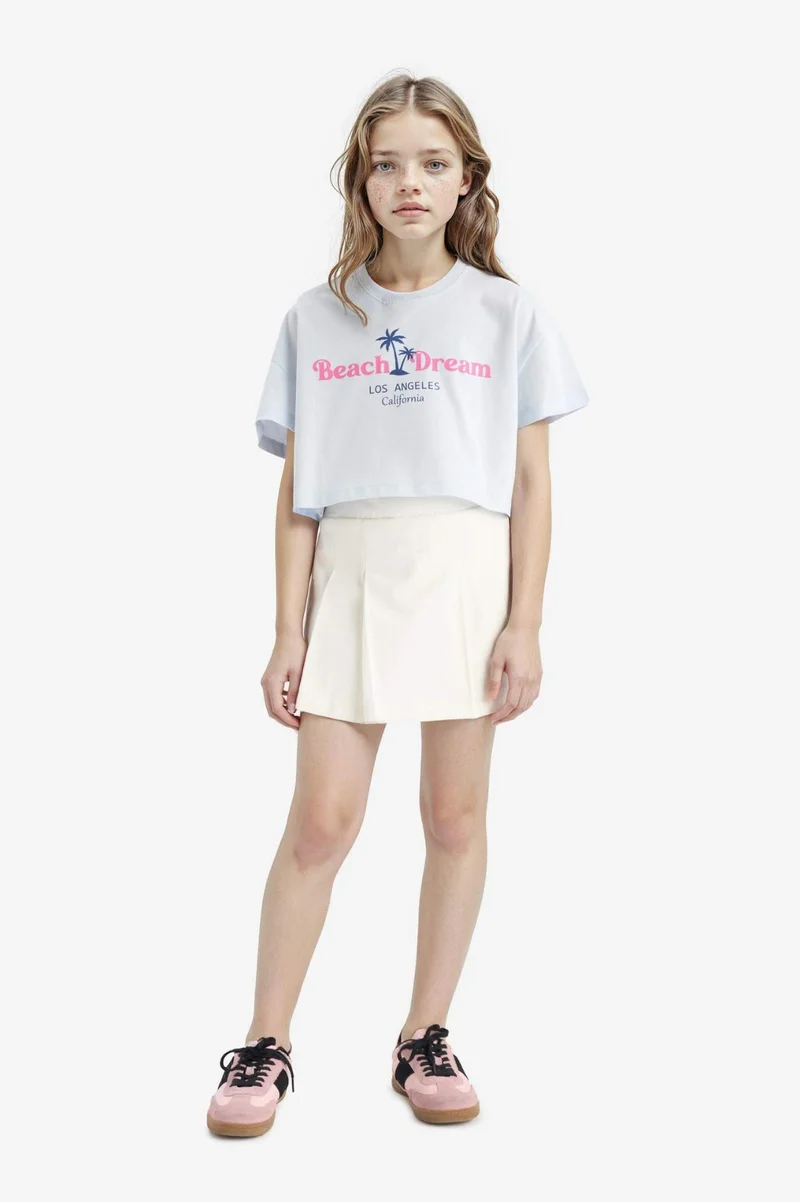 ديفاكتو Girl Crew Neck Printed Short Sleeve Crop T-Shirt