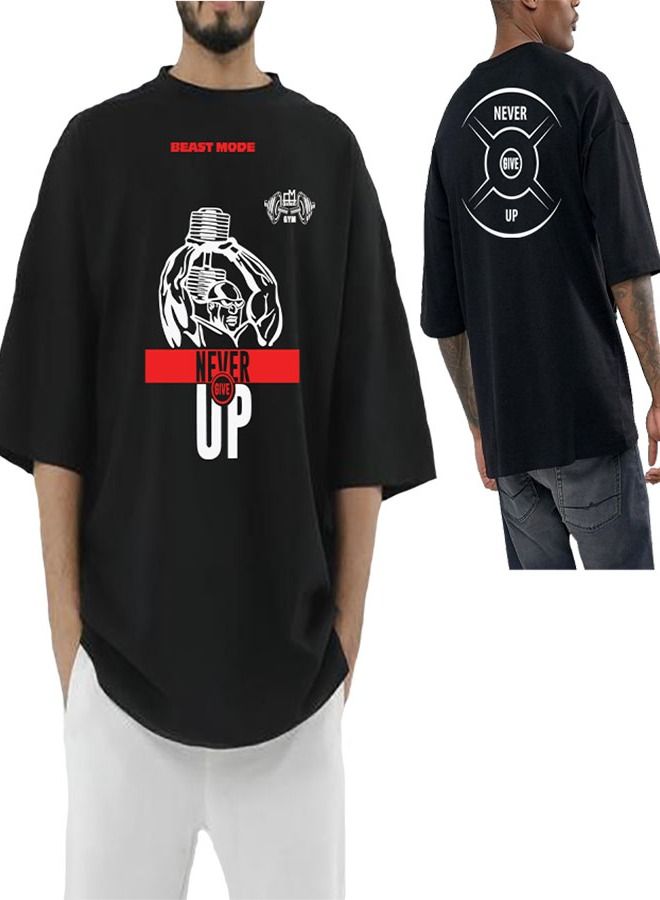 Genérico Men's Oversize T-shirt - NEVER GIVE UP Gain Printed for exercise, gym and bodybuilding  - Image 1