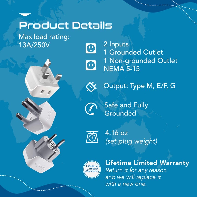 Ceptics African Travel Adapter Set 2 in 1 USA to Africa, S. Africa, Nigeria, Ghana, Uganda (Type M, E/F, Type G) - 3 Pack (Does Not Convert Voltage) - Image 2